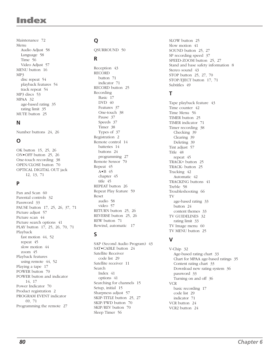 Menu, Playback, Playback features | Record, Recording, Reset, Satellite receiver, Search, Index | RCA B27TF680 User Manual | Page 82 / 84