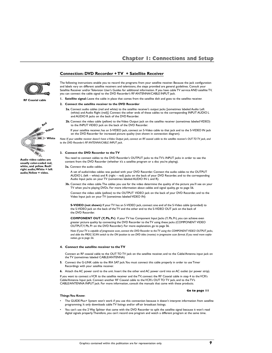 Chapter 1: connections and setup, Connection: dvd recorder + tv + satellite receiver | RCA DRC8000N User Manual | Page 11 / 64