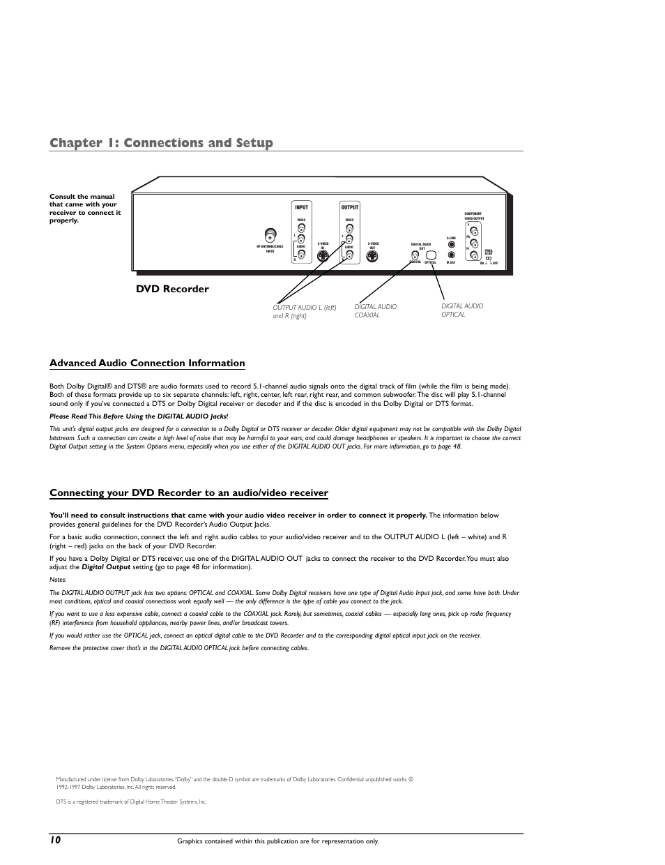 Chapter 1: connections and setup, Dvd recorder 10, Advanced audio connection information | RCA DRC8000N User Manual | Page 12 / 64