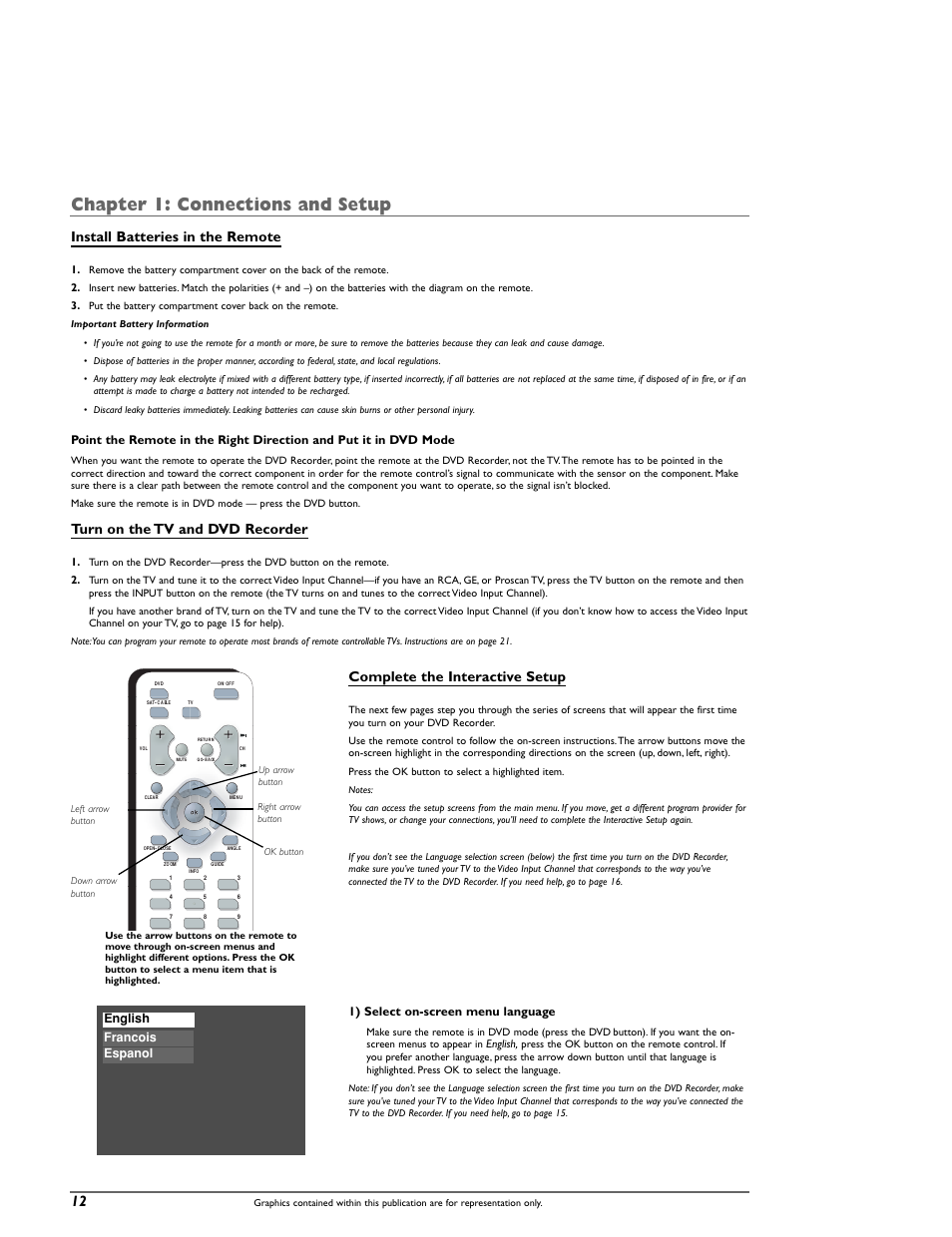 Chapter 1: connections and setup, Install batteries in the remote, Turn on the tv and dvd recorder | Complete the interactive setup | RCA DRC8000N User Manual | Page 14 / 64