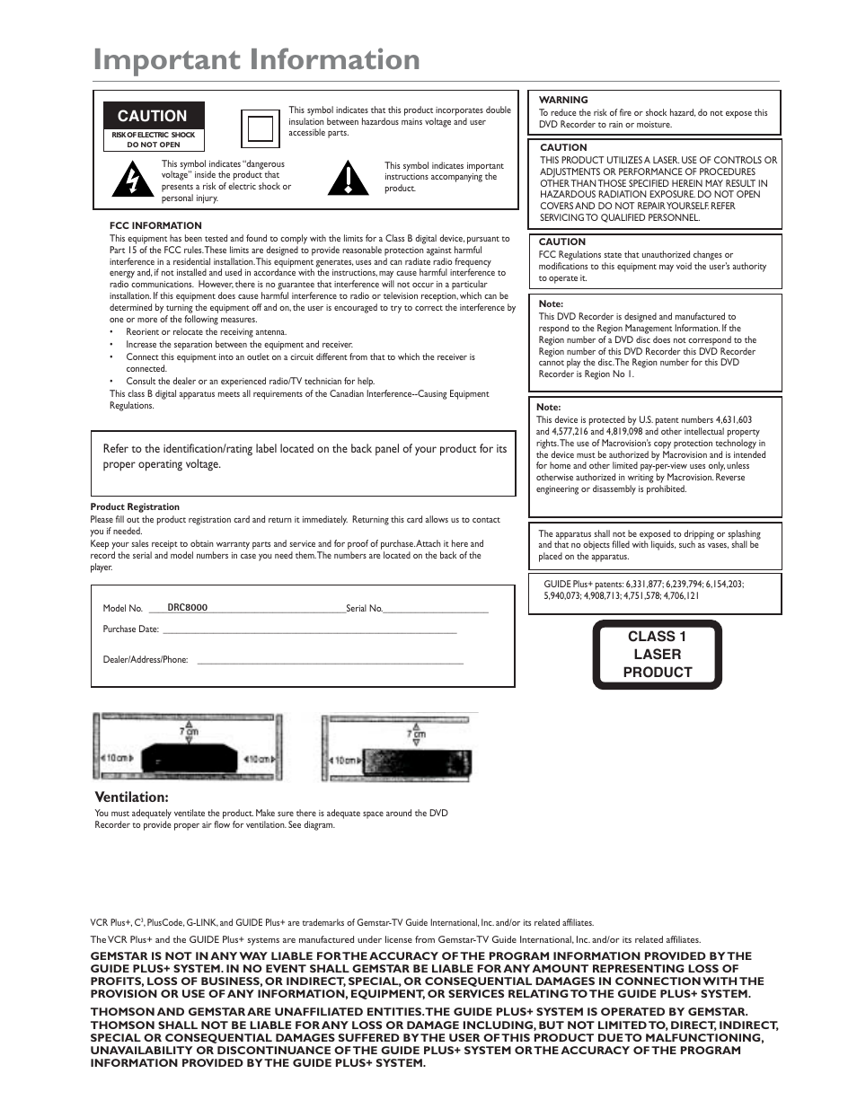 Important information, Caution, Ventilation | RCA DRC8000N User Manual | Page 2 / 64