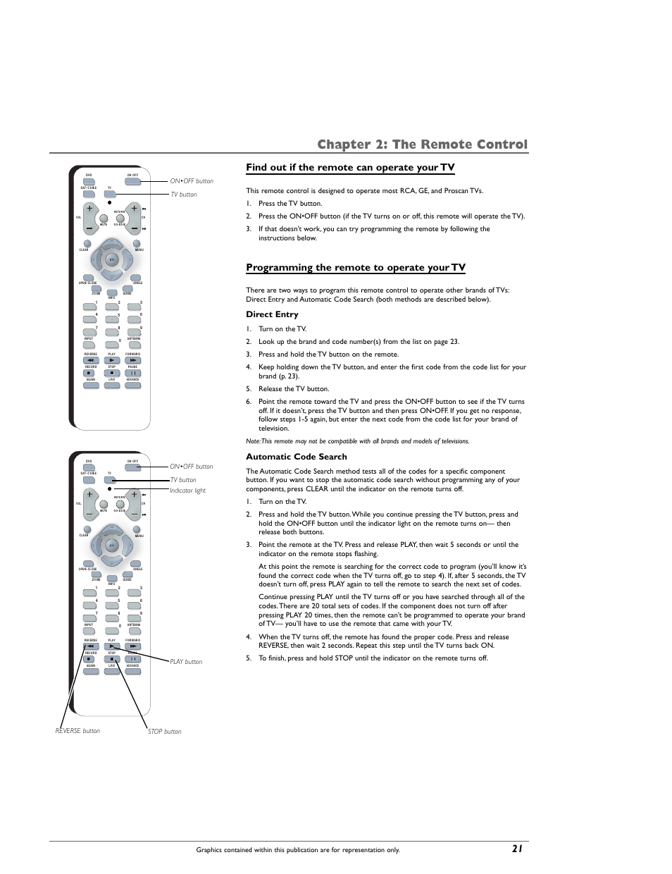 Chapter 2: the remote control, Find out if the remote can operate your tv, Programming the remote to operate your tv | Direct entry, Automatic code search | RCA DRC8000N User Manual | Page 23 / 64