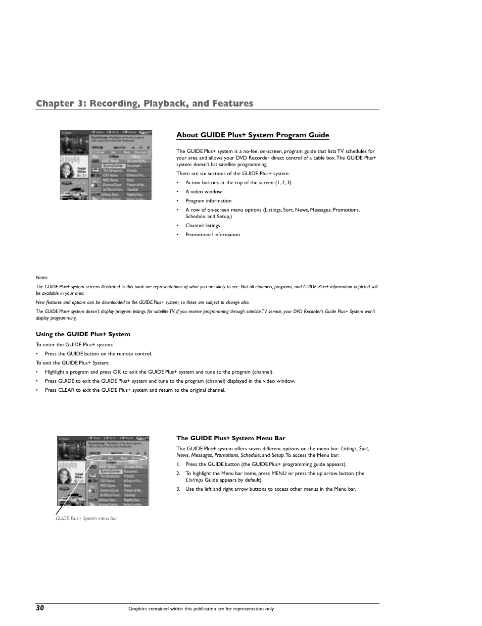 Chapter 3: recording, playback, and features, About guide plus+ system program guide | RCA DRC8000N User Manual | Page 32 / 64