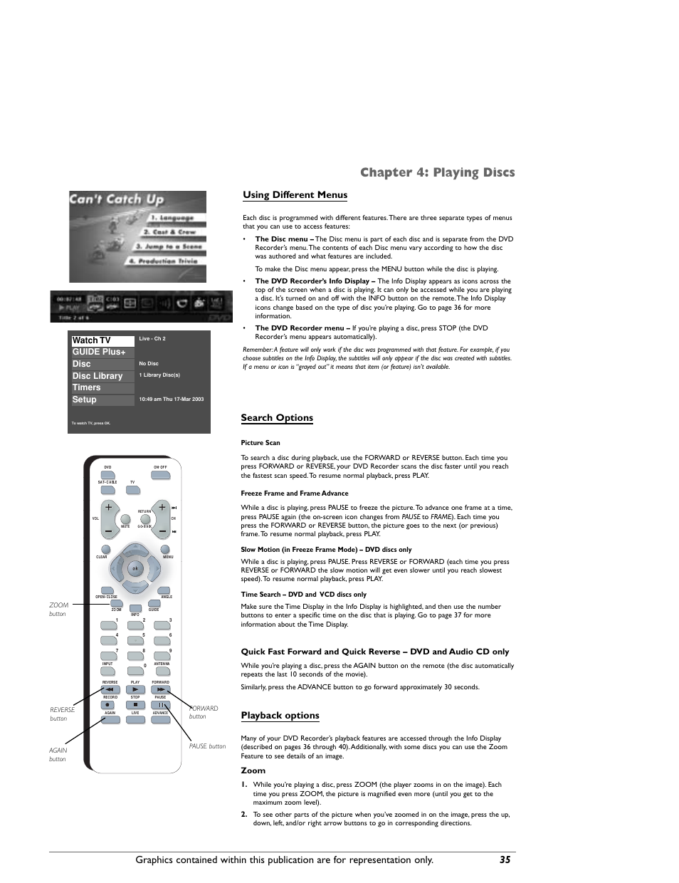 Chapter 4: playing discs, Playback options, Using different menus | Zoom | RCA DRC8000N User Manual | Page 37 / 64