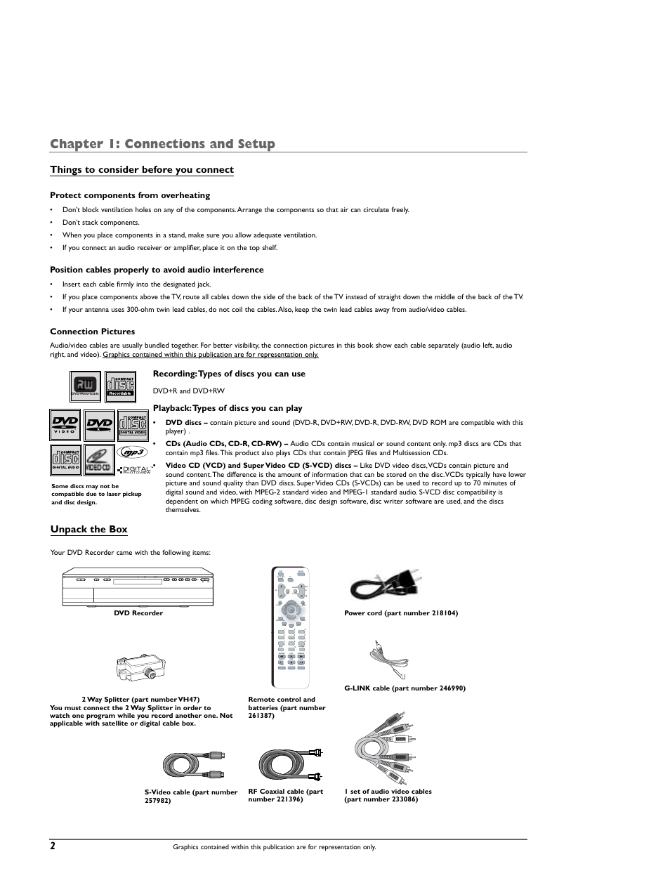 Chapter 1: connections and setup, Things to consider before you connect, Unpack the box | Protect components from overheating, Connection pictures, Recording:types of discs you can use, Playback:types of discs you can play | RCA DRC8000N User Manual | Page 4 / 64