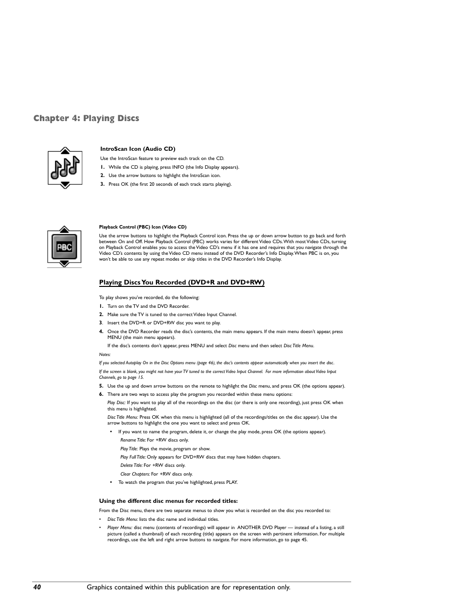 Chapter 4: playing discs, Playing discs you recorded (dvd+r and dvd+rw) | RCA DRC8000N User Manual | Page 42 / 64