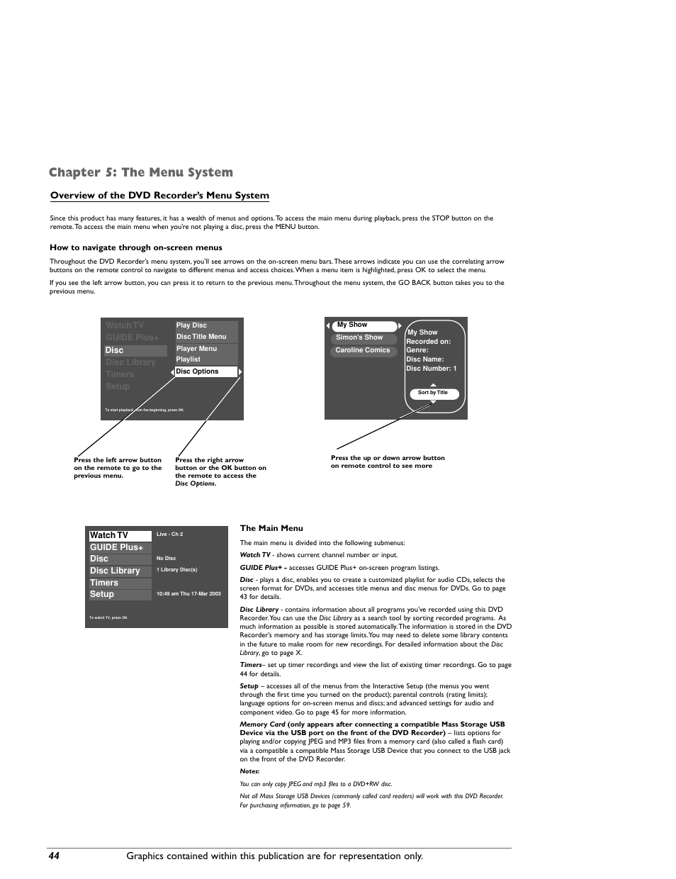 Chapter 5: the menu system, Overview of the dvd recorder’s menu system | RCA DRC8000N User Manual | Page 46 / 64