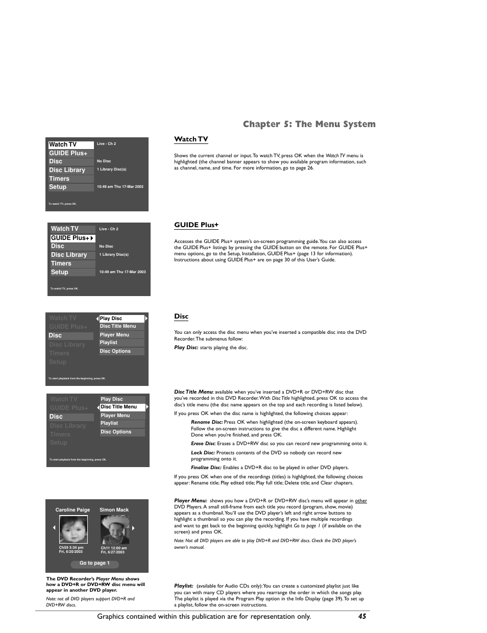 Chapter 5: the menu system, Watch tv, Guide plus | Disc | RCA DRC8000N User Manual | Page 47 / 64