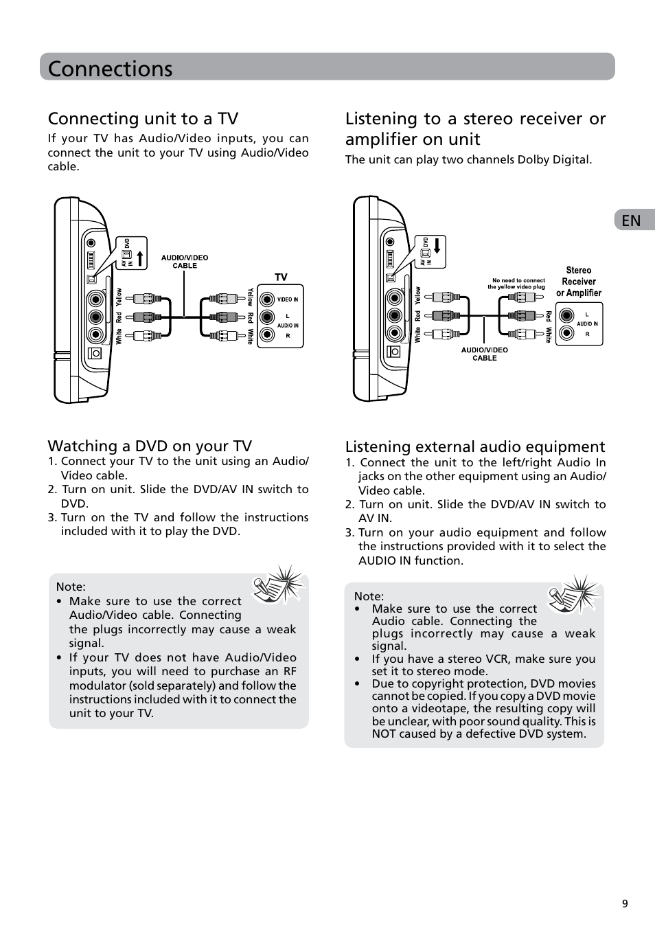 Connections, Connecting unit to a tv, En watching a dvd on your tv | Listening external audio equipment | RCA DRC6282 User Manual | Page 10 / 23