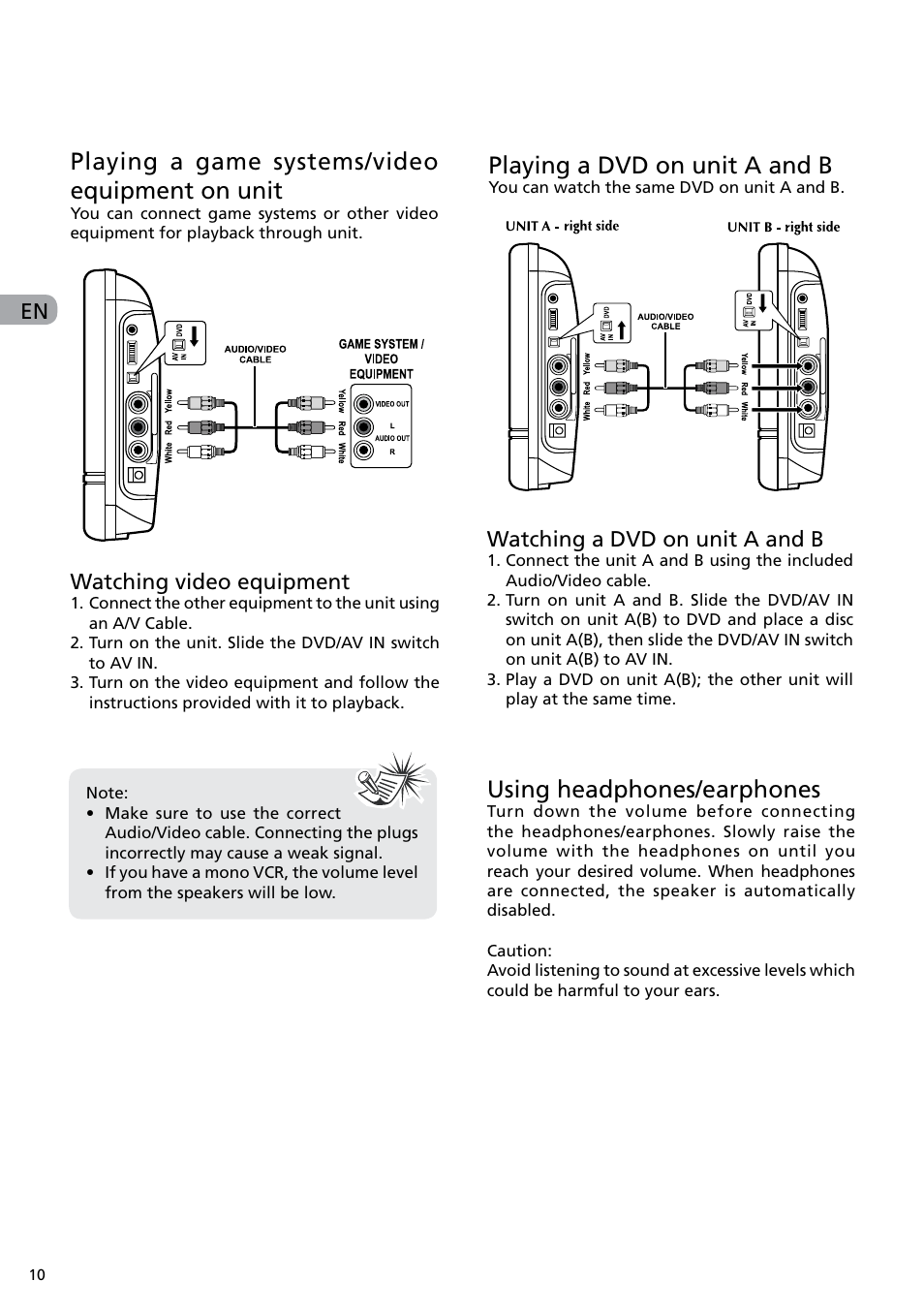 Playing a game systems/video equipment on unit, Playing a dvd on unit a and b, Using headphones/earphones | En watching video equipment, Watching a dvd on unit a and b | RCA DRC6282 User Manual | Page 11 / 23