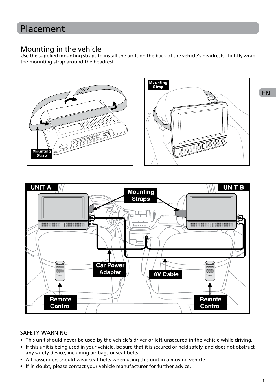 Placement, Mounting in the vehicle | RCA DRC6282 User Manual | Page 12 / 23