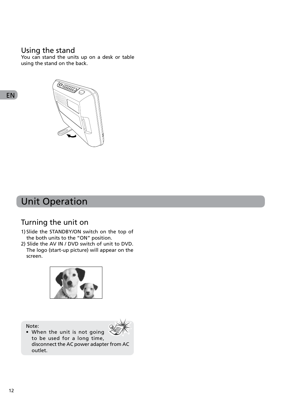 Unit operation, Turning the unit on, Using the stand | RCA DRC6282 User Manual | Page 13 / 23