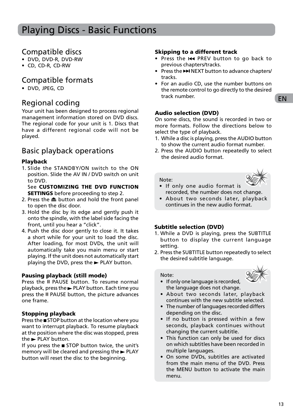 Playing discs - basic functions, Compatible discs, Compatible formats | Regional coding, Basic playback operations | RCA DRC6282 User Manual | Page 14 / 23