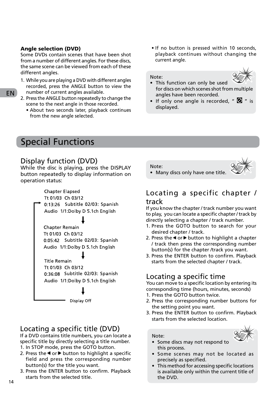 Special functions, Locating a specific time, Display function (dvd) | Locating a specific chapter / track, Locating a specific title (dvd) | RCA DRC6282 User Manual | Page 15 / 23