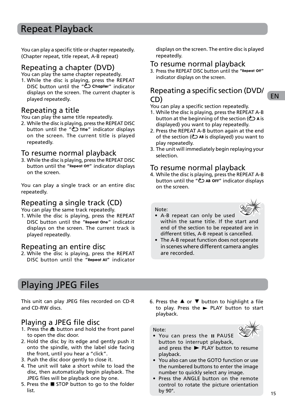 Repeat playback, Playing jpeg files, Repeating a chapter (dvd) | Repeating a title, Repeating a single track (cd), Repeating an entire disc, Playing a jpeg file disc | RCA DRC6282 User Manual | Page 16 / 23