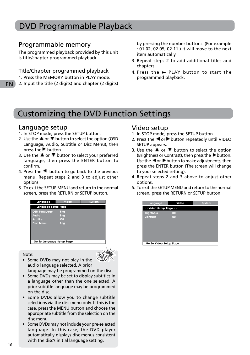 Dvd programmable playback, Customizing the dvd function settings, Language setup | Video setup | RCA DRC6282 User Manual | Page 17 / 23