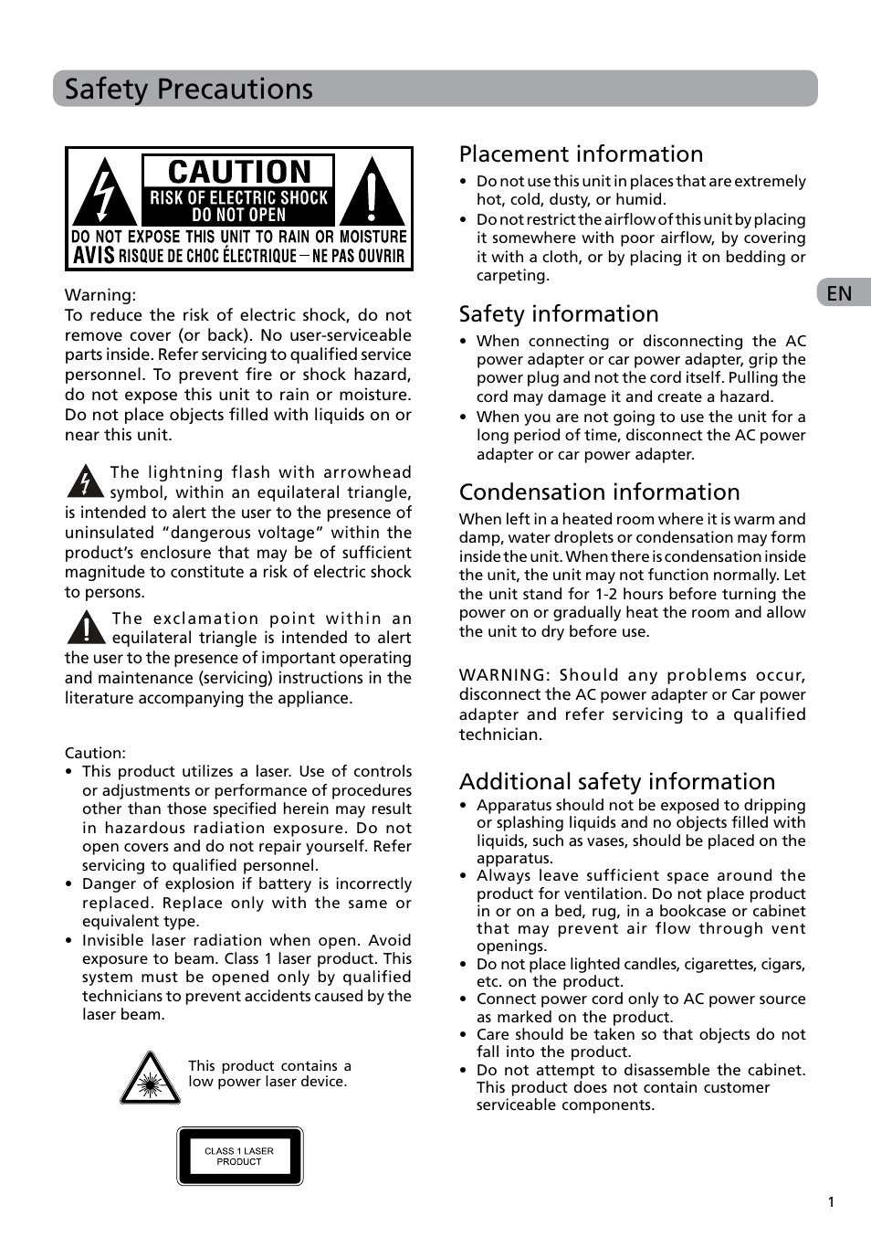 Safety precautions, Placement information, Safety information | Condensation information, Additional safety information | RCA DRC6282 User Manual | Page 2 / 23