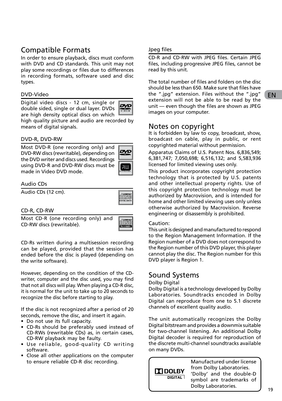 Compatible formats, Sound systems | RCA DRC6282 User Manual | Page 20 / 23