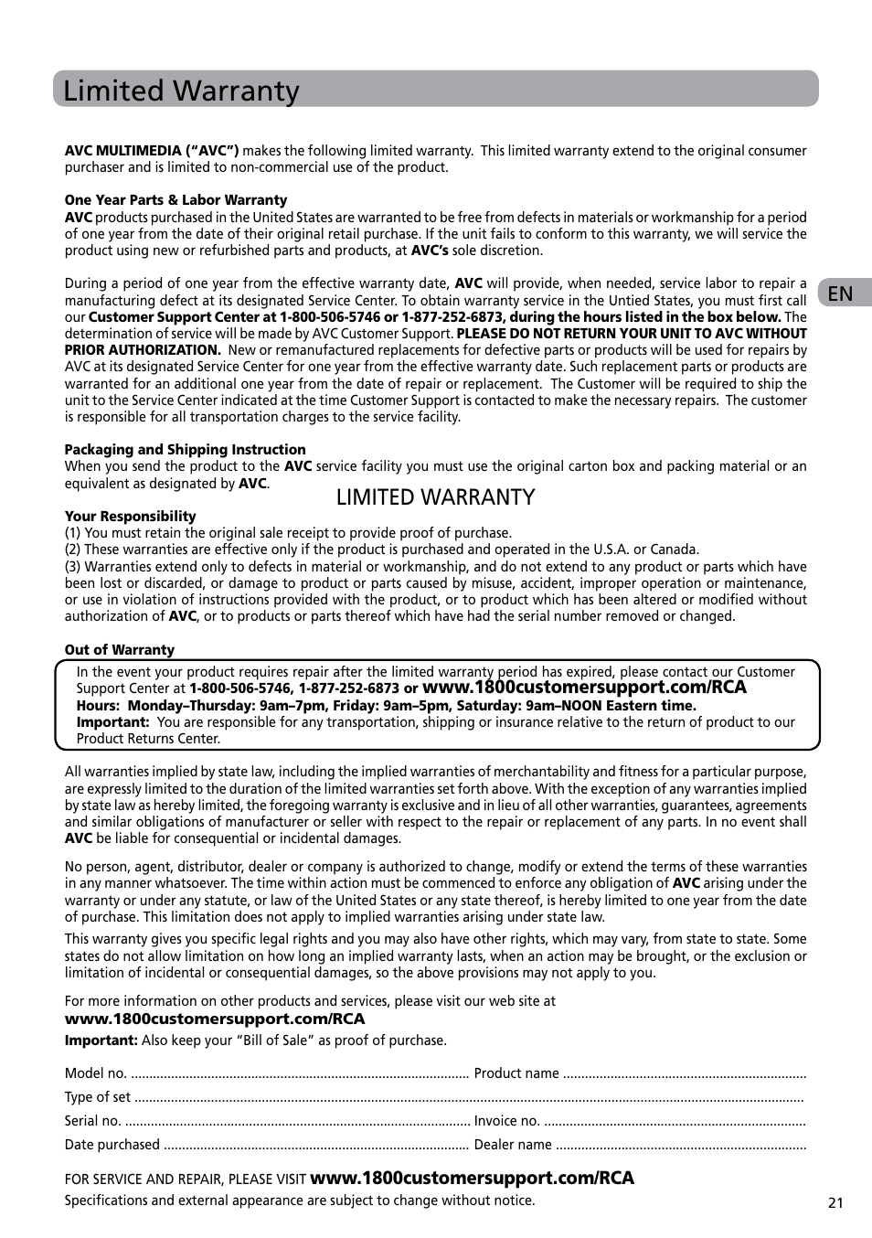 Limited warranty | RCA DRC6282 User Manual | Page 22 / 23