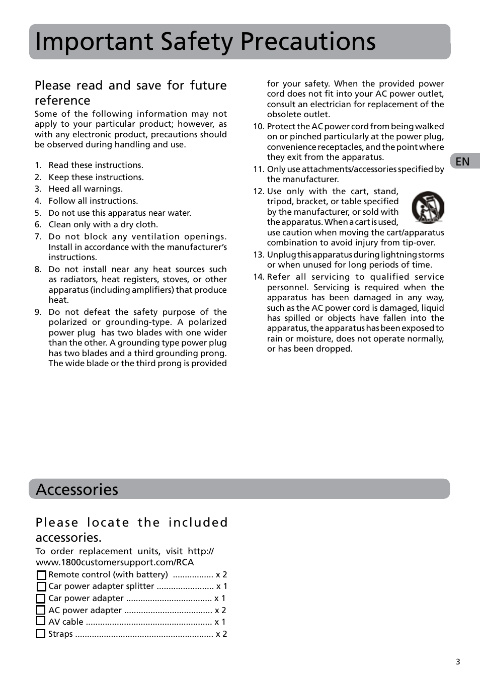 Important safety precautions, Accessories, Please read and save for future reference | Please locate the included accessories | RCA DRC6282 User Manual | Page 4 / 23