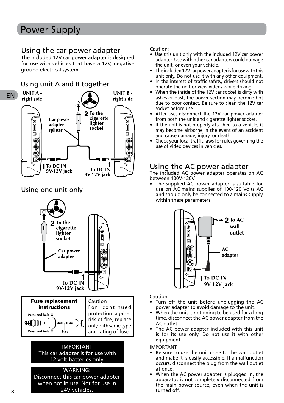 Power supply, Using the ac power adapter, Using the car power adapter | Using one unit only, Using unit a and b together | RCA DRC6282 User Manual | Page 9 / 23