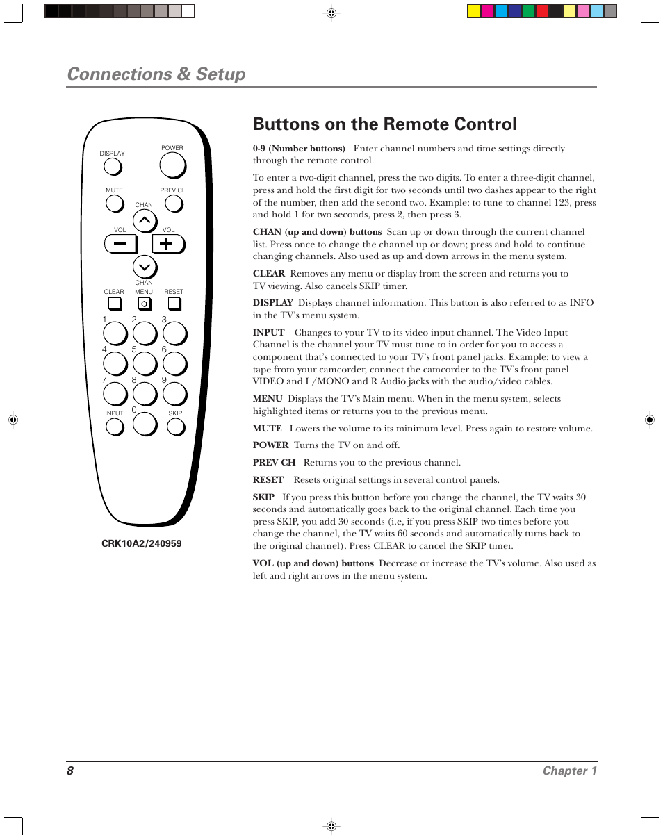 Connections & setup, Buttons on the remote control, 8chapter 1 | RCA 15956220 User Manual | Page 10 / 32