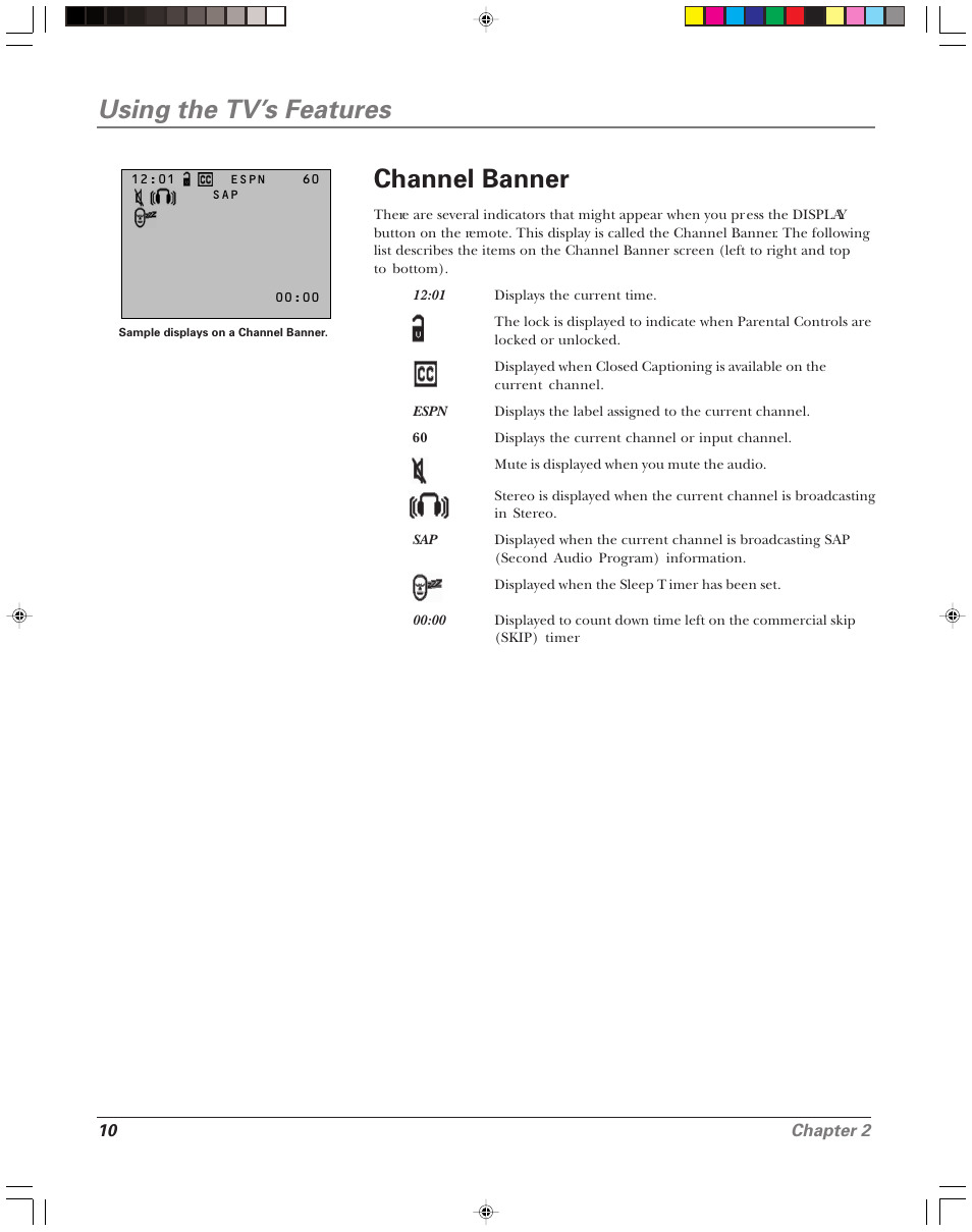 Using the tv’s features, Channel banner, 10 chapter 2 | RCA 15956220 User Manual | Page 12 / 32