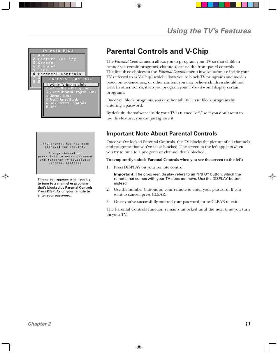 Using the tv’s features, Parental controls and v-chip, Chapter 2 11 | RCA 15956220 User Manual | Page 13 / 32