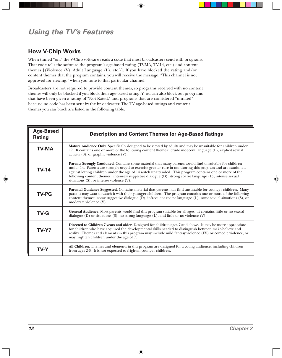 Using the tv’s features, How v-chip works, 12 chapter 2 | RCA 15956220 User Manual | Page 14 / 32
