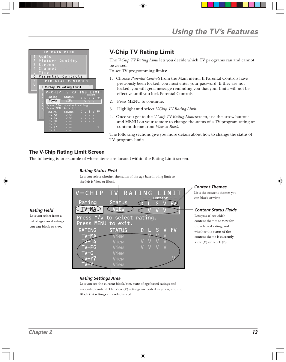 Using the tv’s features, V-chip tv rating limit, Rating status tv-ma view | Tv-14, Tv-pg, Tv-g, Tv-y7, Tv-y, Chapter 2 13, View | RCA 15956220 User Manual | Page 15 / 32