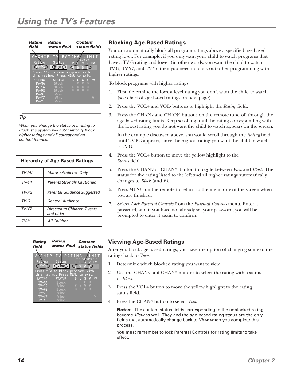 Using the tv’s features, 14 chapter 2, Blocking age-based ratings | Viewing age-based ratings | RCA 15956220 User Manual | Page 16 / 32