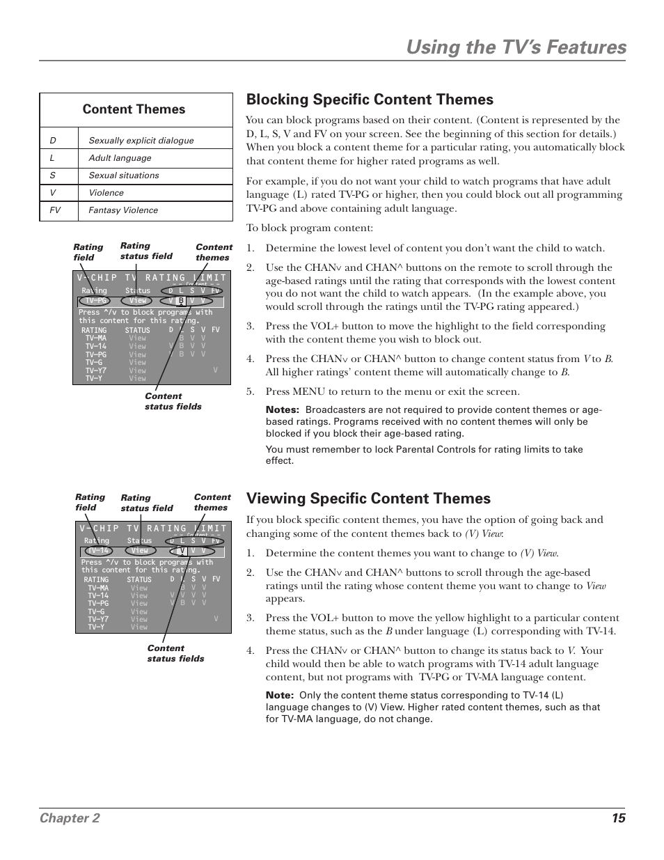 Using the tv’s features, Blocking specific content themes, Viewing specific content themes | Chapter 2 15, Content themes | RCA 15956220 User Manual | Page 17 / 32