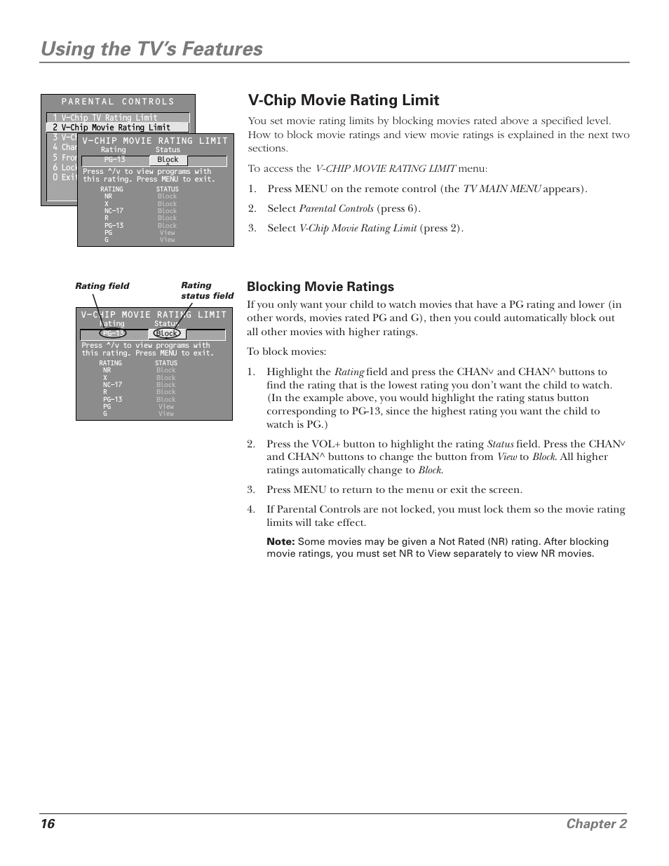 Using the tv’s features, V-chip movie rating limit, 16 chapter 2 | Blocking movie ratings | RCA 15956220 User Manual | Page 18 / 32