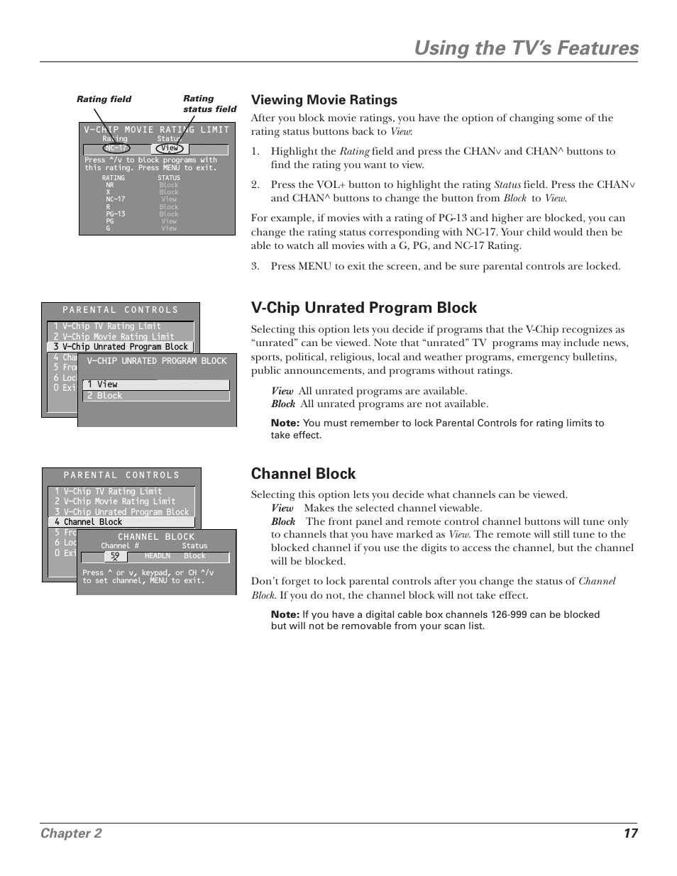 Using the tv’s features, V-chip unrated program block, Channel block | Chapter 2 17, Viewing movie ratings | RCA 15956220 User Manual | Page 19 / 32