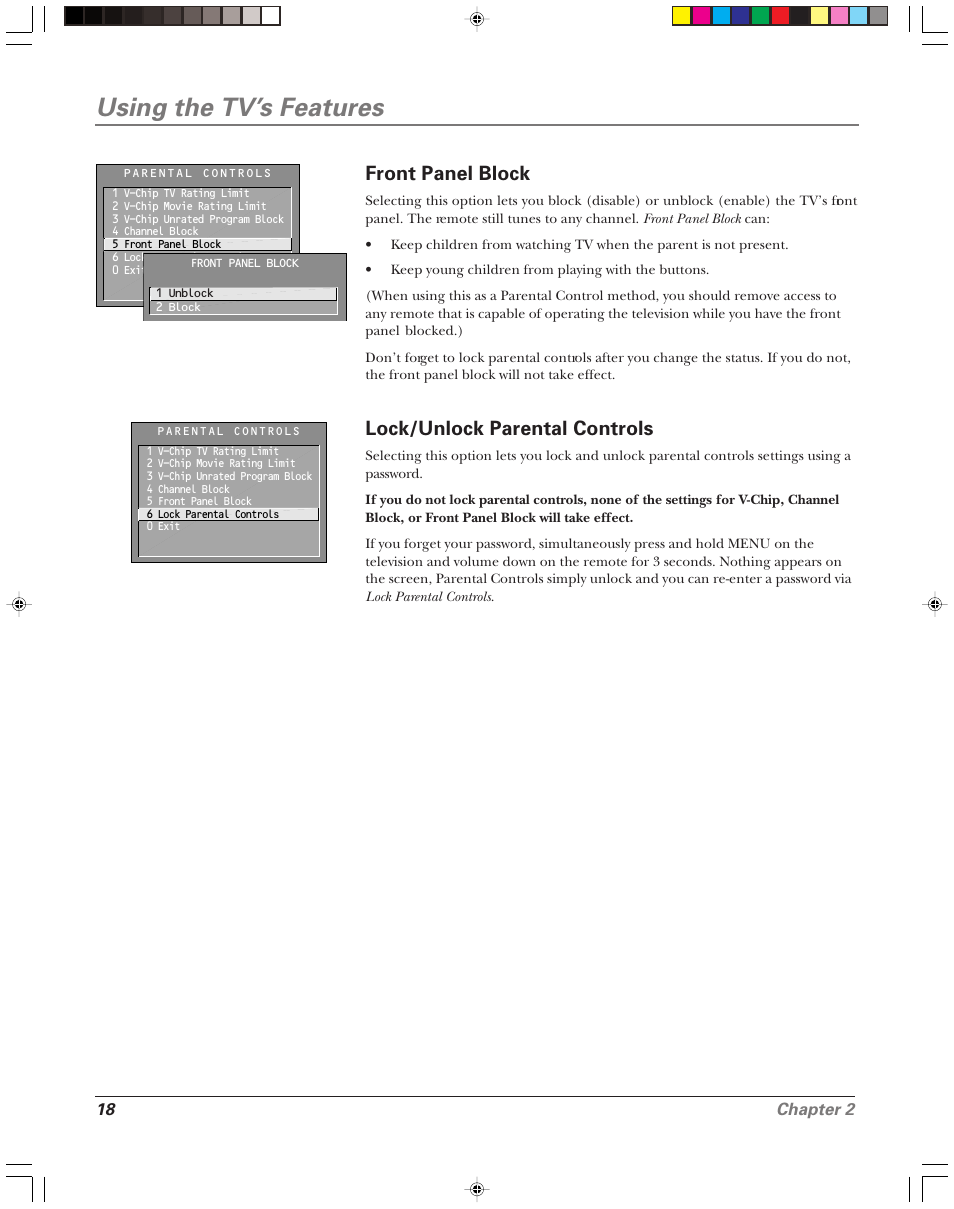 Using the tv’s features, Front panel block, Lock/unlock parental controls | 18 chapter 2 | RCA 15956220 User Manual | Page 20 / 32