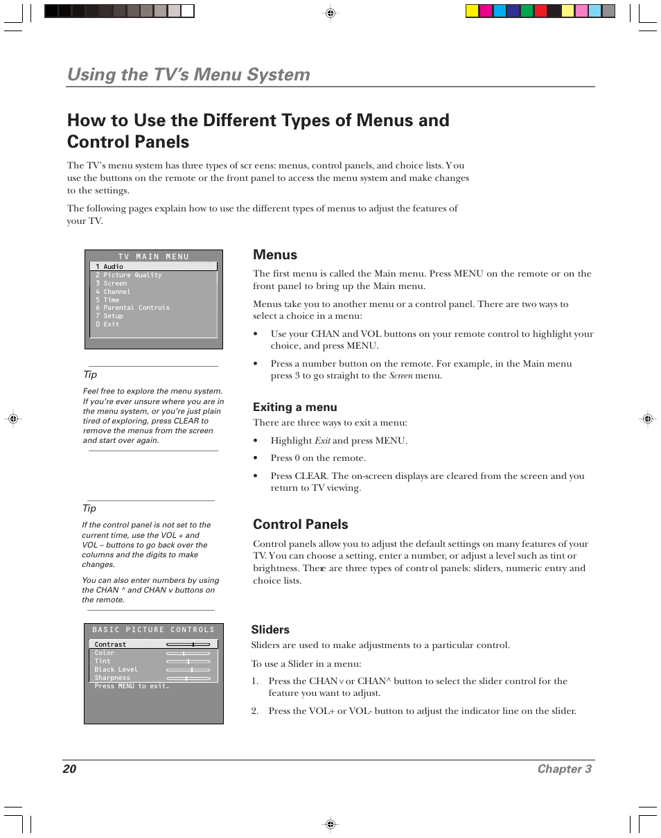 Using the tv’s menu system, Menus, Control panels | 20 chapter 3 | RCA 15956220 User Manual | Page 22 / 32