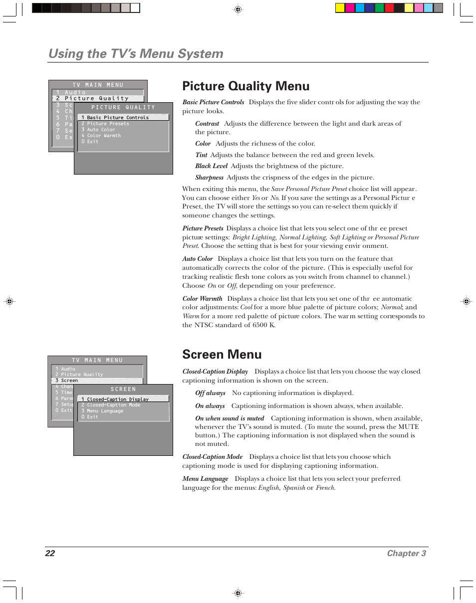 Using the tv’s menu system picture quality menu, Screen menu, 22 chapter 3 | RCA 15956220 User Manual | Page 24 / 32