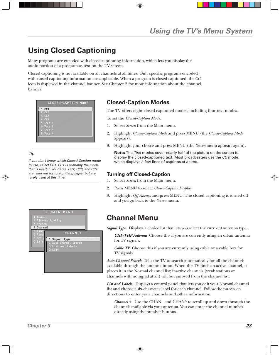 Using the tv’s menu system using closed captioning, Channel menu, Closed-caption modes | Chapter 3 23 | RCA 15956220 User Manual | Page 25 / 32