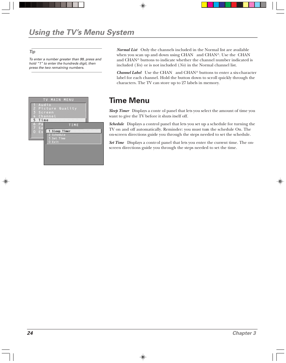 Using the tv’s menu system, Time menu, 24 chapter 3 | RCA 15956220 User Manual | Page 26 / 32