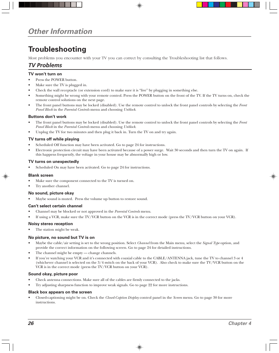 Other information, Troubleshooting, Tv problems | 26 chapter 4 | RCA 15956220 User Manual | Page 28 / 32