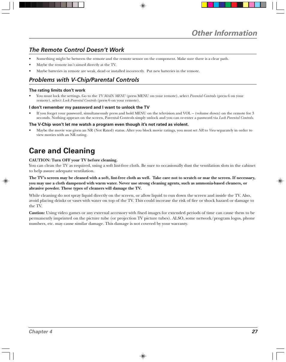 Other information, Care and cleaning, The remote control doesn’t work | Problems with v-chip/parental controls | RCA 15956220 User Manual | Page 29 / 32