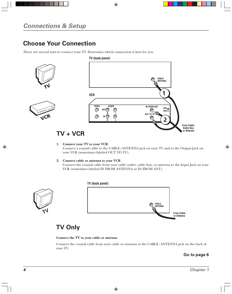 Connections & setup choose your connection, Tv + vcr, Tv only | Tv vcr, 4chapter 1 | RCA 15956220 User Manual | Page 6 / 32