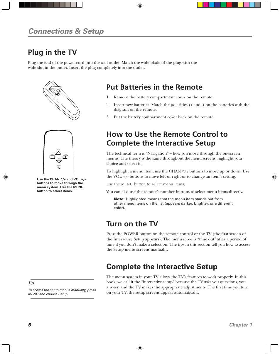 Connections & setup, Plug in the tv, Put batteries in the remote | Turn on the tv, Complete the interactive setup, 6chapter 1 | RCA 15956220 User Manual | Page 8 / 32