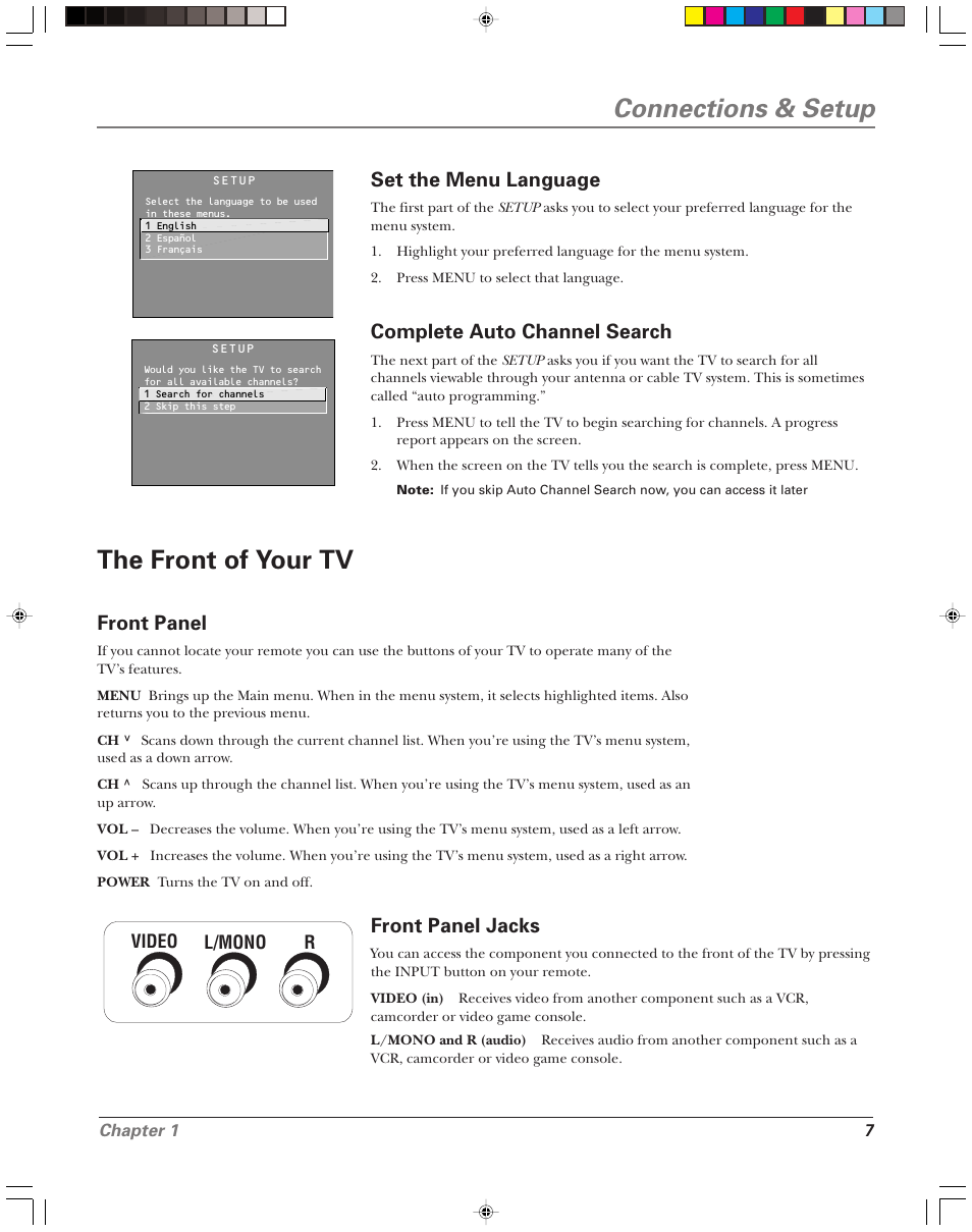 Connections & setup, The front of your tv, Set the menu language | Complete auto channel search, Front panel, Front panel jacks, Chapter 1 7, L/mono r video | RCA 15956220 User Manual | Page 9 / 32