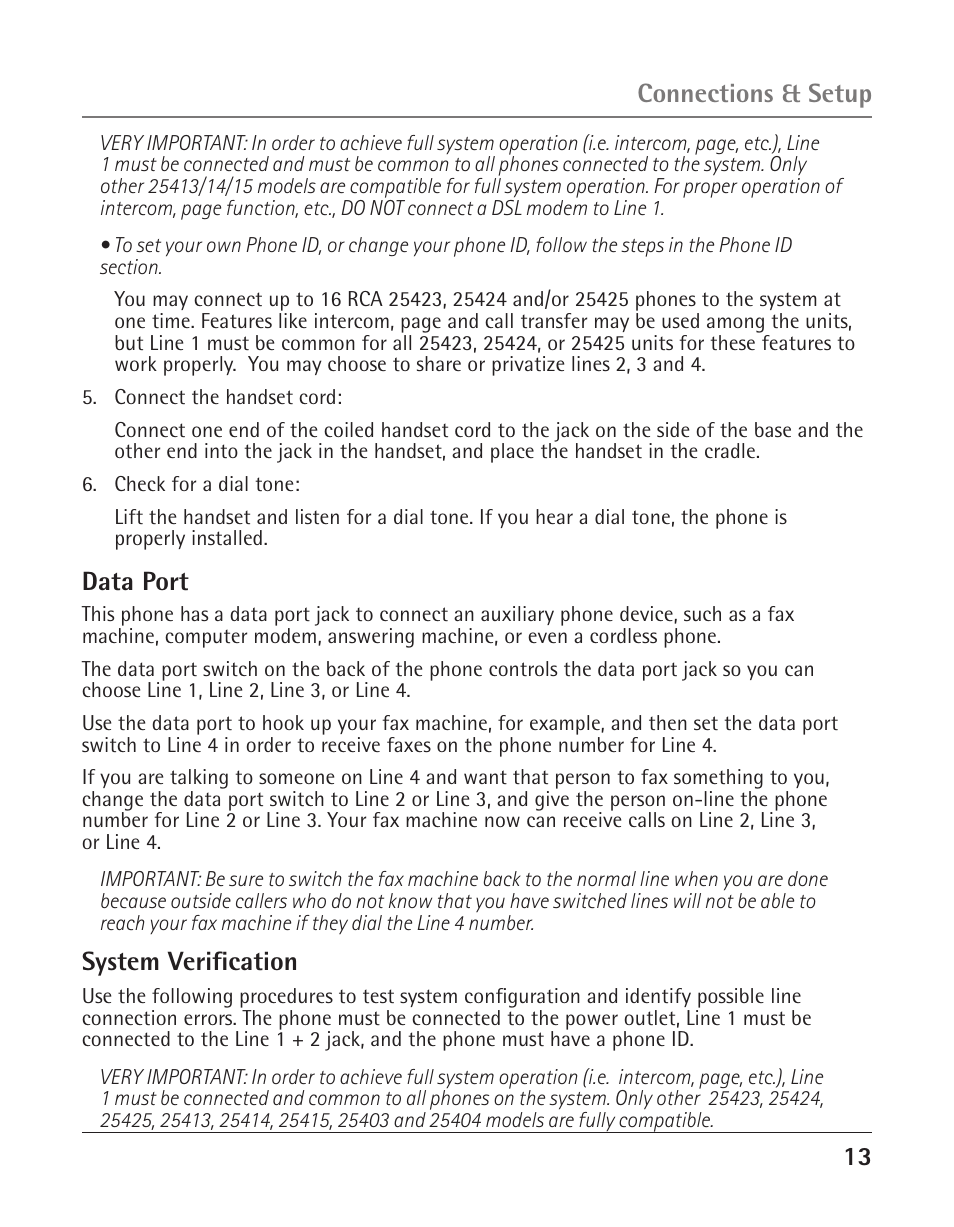 13 connections & setup, Data port, System verification | RCA 25423 User Manual | Page 13 / 44