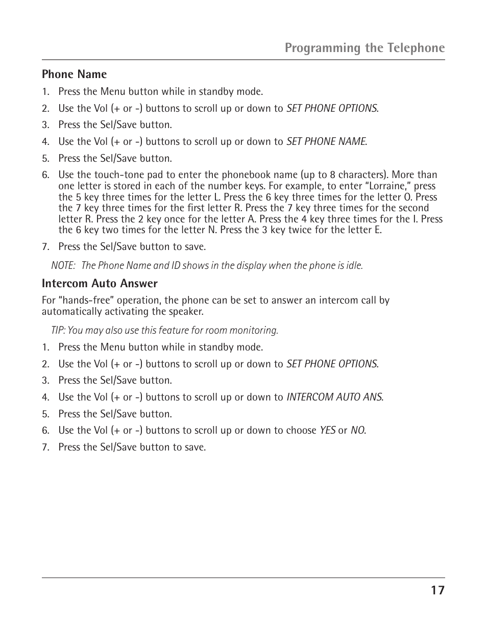 1 programming the telephone | RCA 25423 User Manual | Page 17 / 44