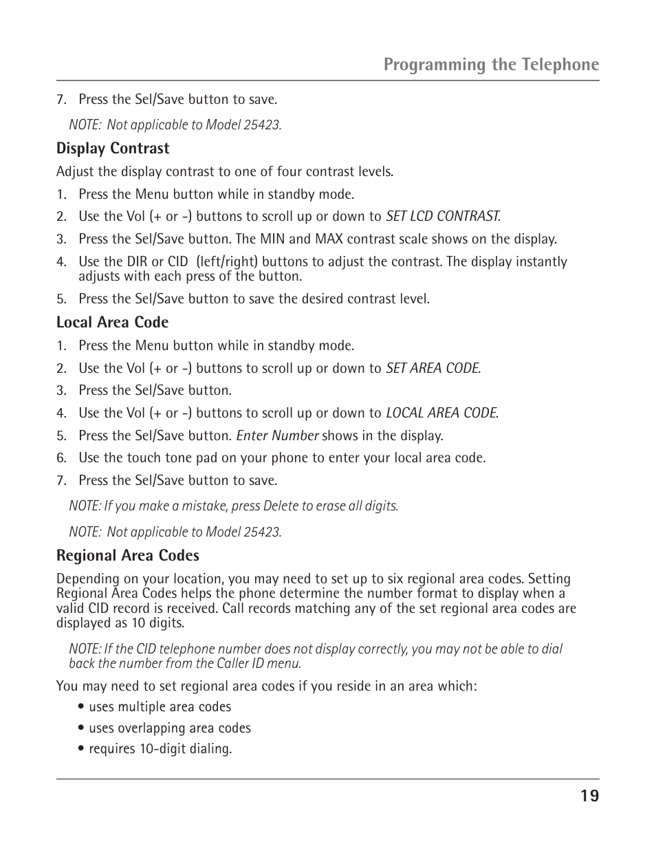 1 programming the telephone | RCA 25423 User Manual | Page 19 / 44