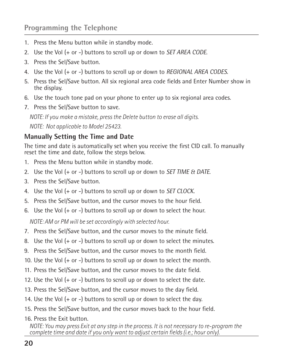 Programming the telephone | RCA 25423 User Manual | Page 20 / 44