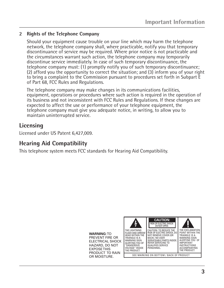 3important information, Licensing, Hearing aid compatibility | RCA 25423 User Manual | Page 3 / 44