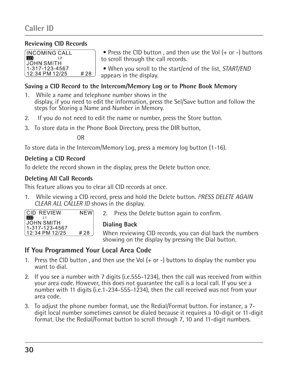 Caller id | RCA 25423 User Manual | Page 30 / 44